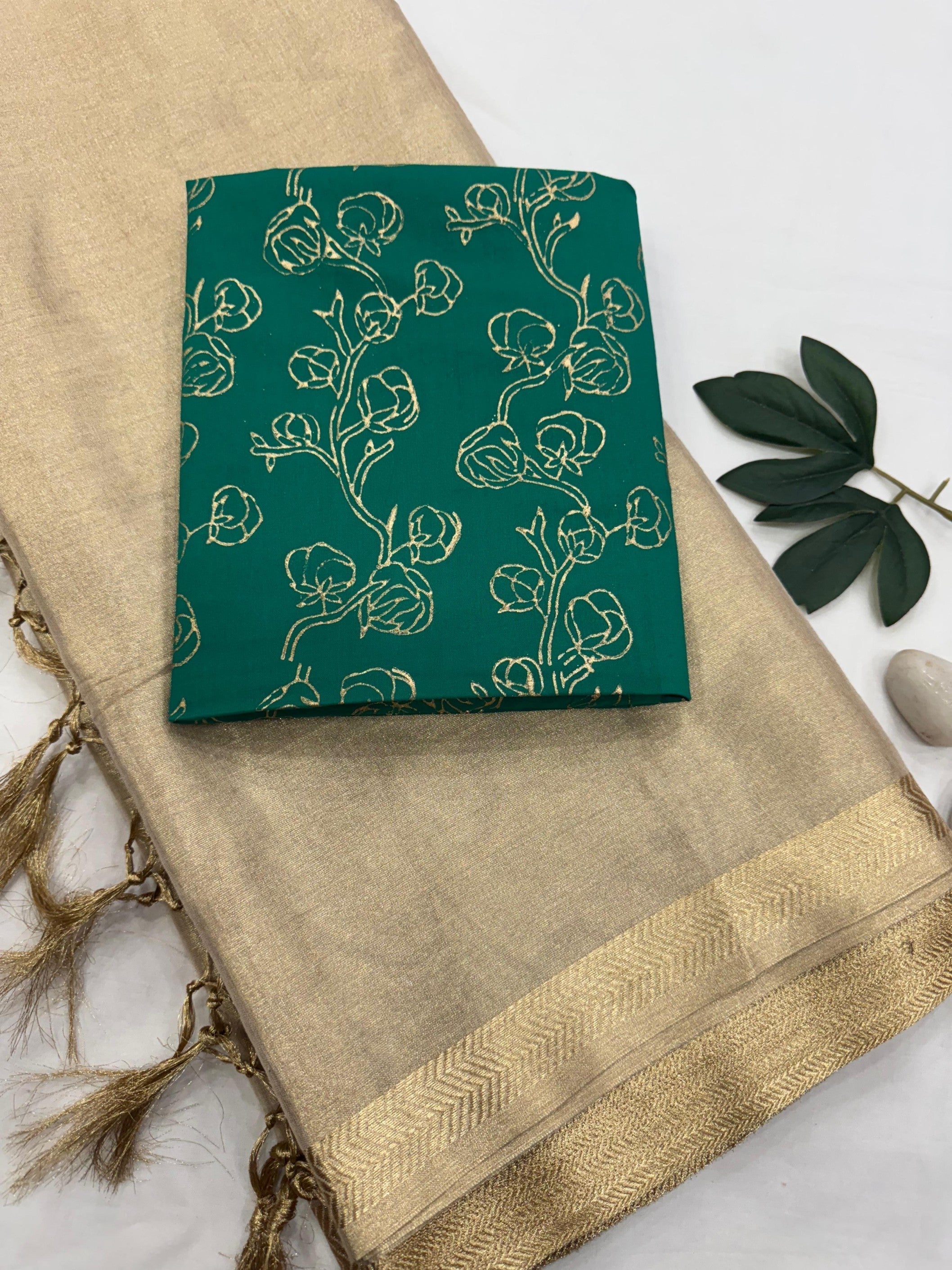 Gold Tissue Saree with Green Blouse Fabric – Lightweight Designer Saree for Retailers & Designers
